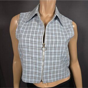 Vintage 90s Light Blue Plaid Zip Up Vest Sleeveless Top Size M Cropped Academia